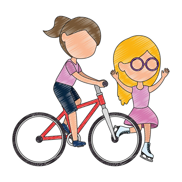 niñas amigos montar en bicicleta y patines personajes
 - Vector, imagen