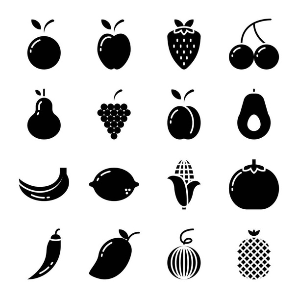 Fruit icon set met effen zwart geïsoleerd op witte achtergrond - Vector, afbeelding