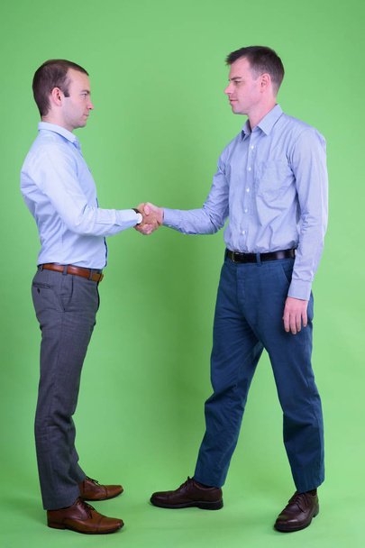 Plan complet de deux hommes d'affaires serrant la main ensemble
 - Photo, image