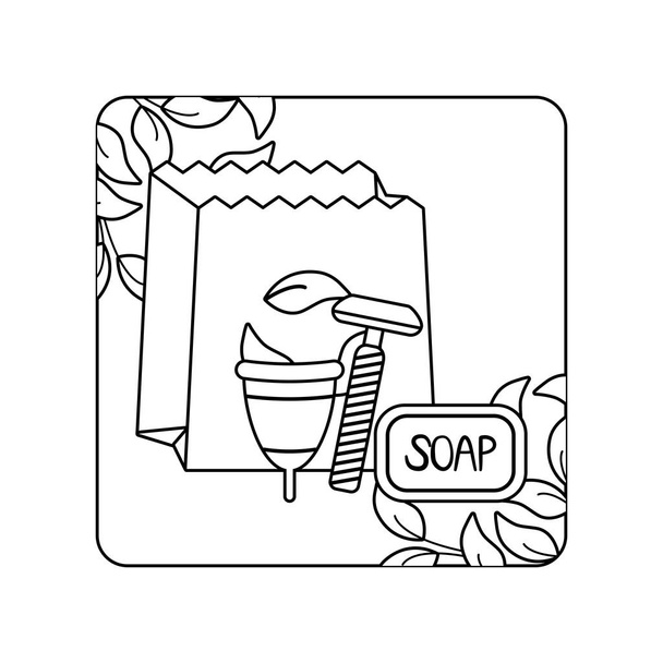 menstruacyjny kubek z mydło bar i ikony ekologiczne w ramce - Wektor, obraz