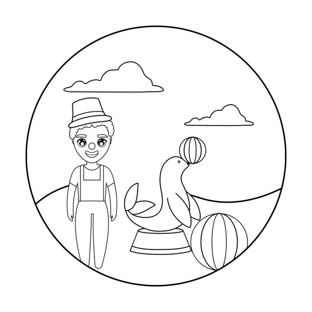 payaso de circo y sello con bola en marco circular
 - Vector, imagen