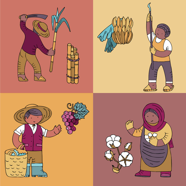 Cartes de couleur avec cultivateur de canne à sucre, collectionneur de bananes, propriétaire de vignoble, collectionneur de coton
 - Vecteur, image