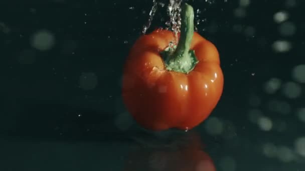 Sweet pepper falling on wet surface on dark background. Slow motion shot on Red - Filmati, video