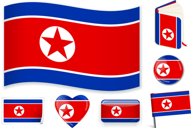北朝鮮。北朝鮮の旗波、本、円、ピン、ボタン、ハートとステッカー. - ベクター画像