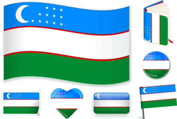 Uzbekistán vlajka, kniha, kruh, špendlík, knoflík, srdce a nálepka. - Vektor, obrázek