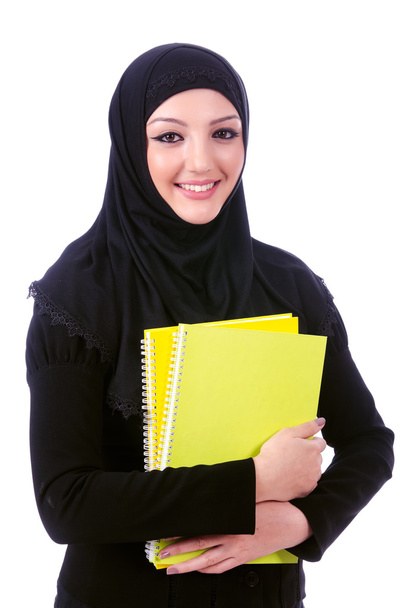 Giovane donna musulmana con libro sul bianco - Foto, immagini