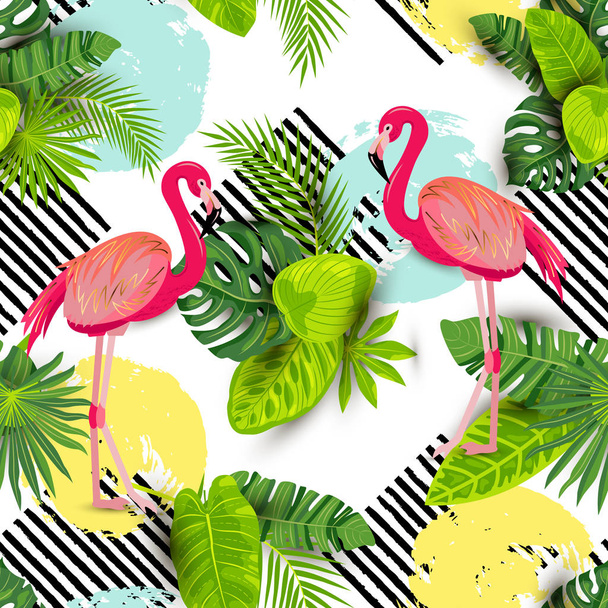 Seamless pattern with tropical exotic leaves and pink flamingos. Vector illustration. - Vektori, kuva