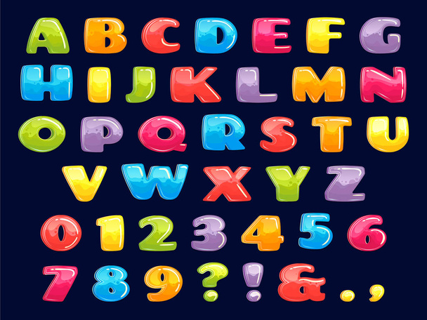 Έγχρωμη γραμματοσειρά κινουμένων σχεδίων. Παχουλός χρώμα γράμματα, διασκεδαστικά παιδιά παιχνίδια αλφάβητο και αστεία θυγατρικό γράμμα διάνυσμα απεικόνιση σύνολο - Διάνυσμα, εικόνα