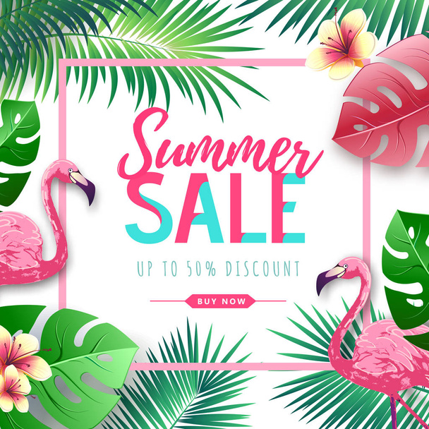 Summer big sale typography poster with flamingo and tropic leaves. Nature concept - Vettoriali, immagini