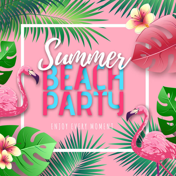 Summer beach party typography poster with flamingo and tropic leaves - Wektor, obraz