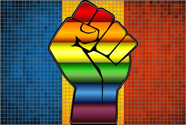Lesklý LGBT protestní pěst na rumunském vlajce-ilustrace, abstraktní mozaikové rumunské a homosexuální vlajky - Vektor, obrázek