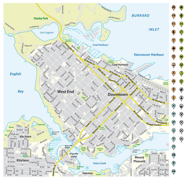 карта города Ванкувер с указателями и иконками инфраструктуры
 - Вектор,изображение