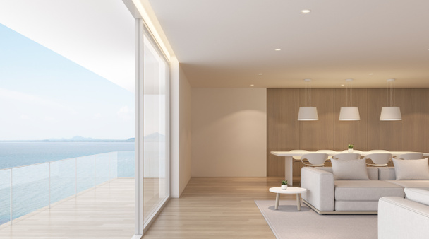 Perspektive auf modernes Luxus-Wohnzimmer mit weißem Sofa und Esstisch auf Meeresblick Hintergrund, Idee von Familienurlaub - warmes Holz Innenarchitektur - 3D-Rendering. - Foto, Bild