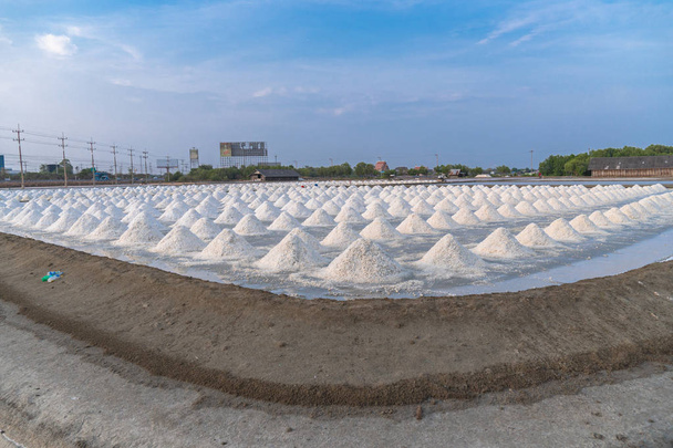 Montones de sal blanca en los vastos campos de sal del mar
 - Foto, imagen
