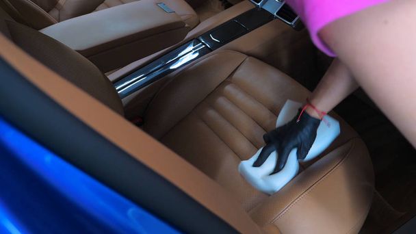 A woman at a car wash does a full dry-cleaning of all parts of a car using special chemistry, cloths, sponges and brushes. Concept of: Full car cleaning, Dry cleaning, Professional service. Car, Work. - Foto, Imagen