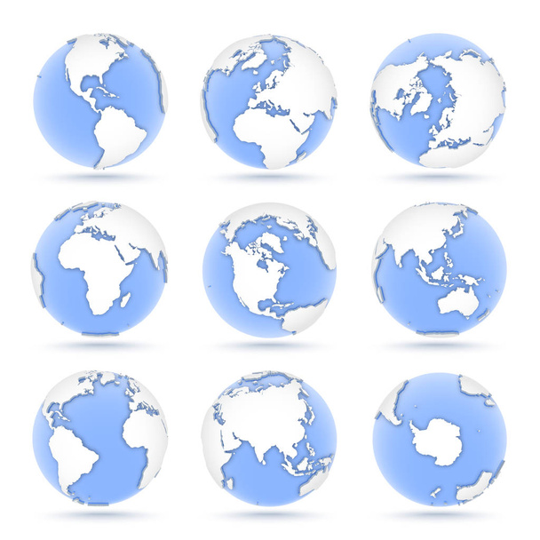 Zestaw Globów, dziewięć ikon niebieskich Globów ukazujących ziemię ze wszystkich kontynentów - Wektor, obraz