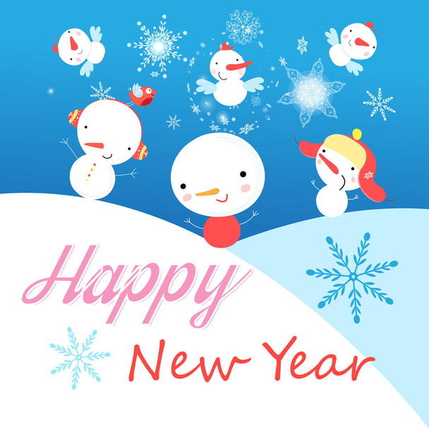 Новогодняя открытка с веселыми снеговиками
 - Вектор,изображение