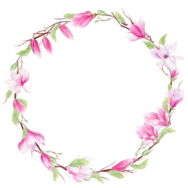 Magnolia wreath watercolor hand drawn raster frame template - Photo, Image