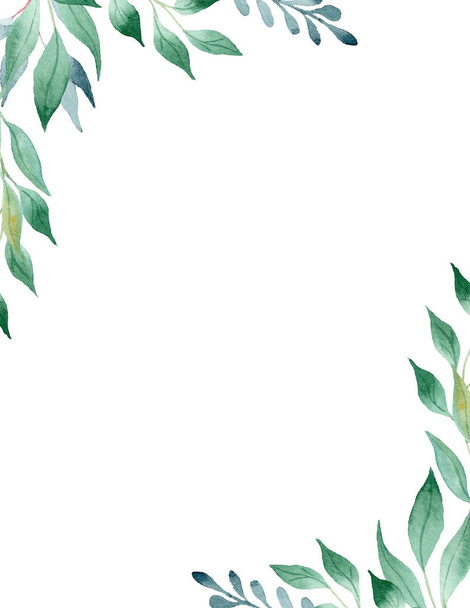 Zielone liście akwarela ręcznie rysowane szablon ramki rastrowej - Zdjęcie, obraz