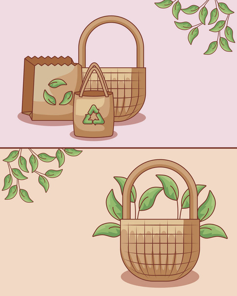 conjunto de sacos ecológicos e cestas de vime
 - Vetor, Imagem