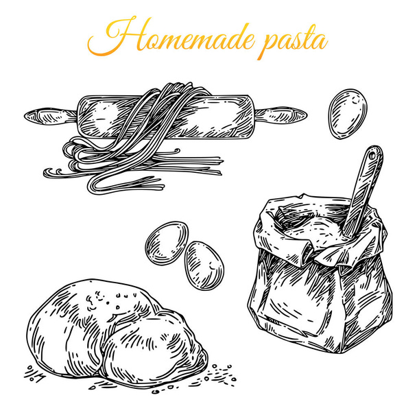 Set voor zelfgemaakte pasta. Deegroller, zak van meel, eieren en deeg.  - Vector, afbeelding
