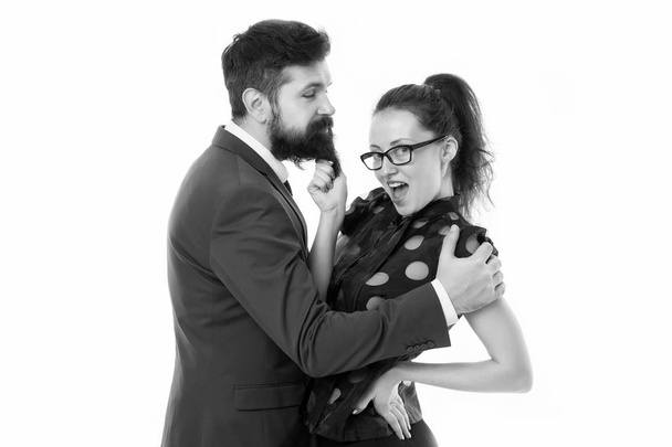 She knows how achieve success. Nothing personal just business. Colleagues man with beard and pretty woman on white background. Business leadership and cooperation balance. Tricky business concept - Photo, Image