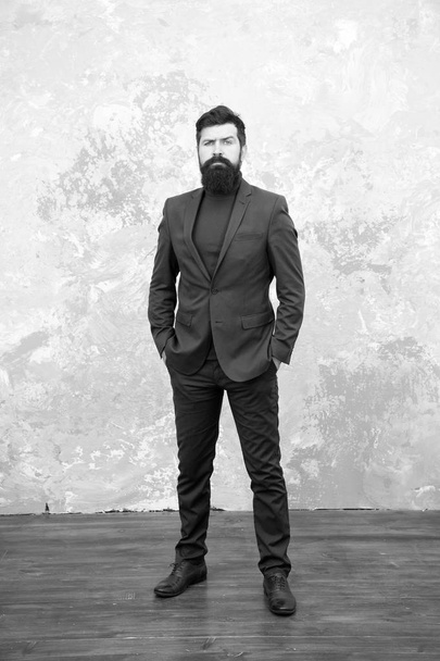 Classy style. Man bearded hipster wear classic suit outfit. Formal outfit. Take good care of suit. Elegancy and male style. Businessman or host fashionable outfit grey background. Fashion concept - Foto, Imagem