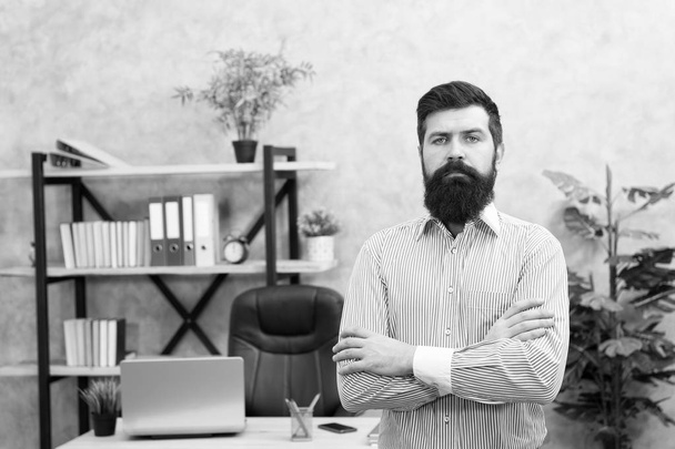 Businessman. Serious bearded man at workplace. Office life. Bearded man. Business trainer. Serious trainer for business. Personal trainer. Mature man is expert trainer. Time for you to make decision - Фото, изображение