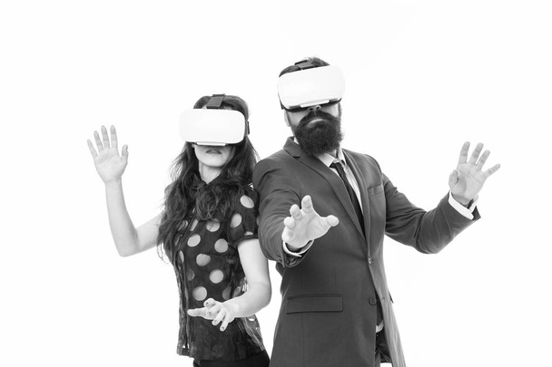 Modern software for business. Just imagine. Business implement modern technology. Couple colleagues wear hmd explore virtual reality. Business partners interact in virtual reality. New opportunity - Foto, Imagen