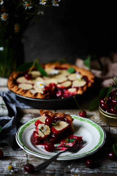 Cherry Almond Cake.style rustic. natural light - Photo, Image