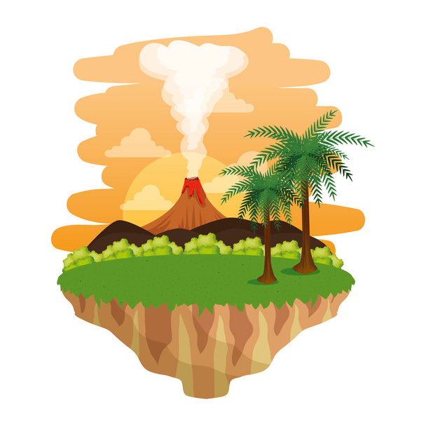 jurassic landscape with smoking volcano scene - Vector, Image