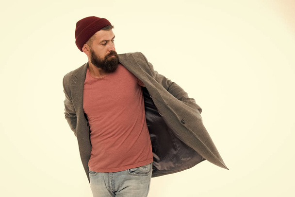 brutal caucasian hipster with moustache. Mature hipster with beard. Bearded man. Male barber care. Fashion man with beard. serious man isolated on white, copy space - 写真・画像