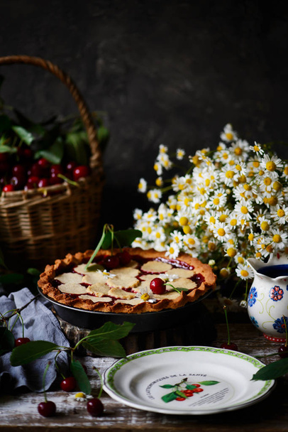 Cherry Almond Cake.style rustic. natural light - Fotoğraf, Görsel