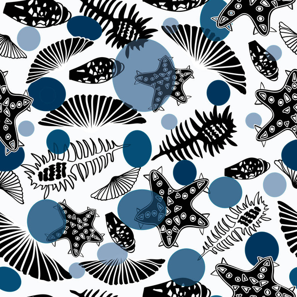 Patrón sin costuras con conchas marinas y estrellas de mar. Fondo blanco marino con burbujas azules, puntos, transparente. Ilustración vectorial en estilo de boceto
. - Vector, imagen