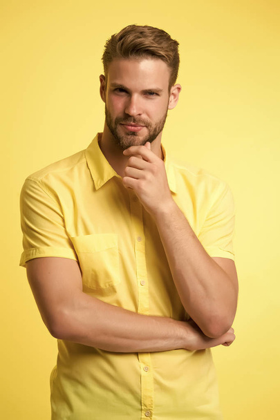 Bearded man. man on yellow background. Male fashion. caucasian guy with moustache. Facial care. Mature hipster with beard. Young expertise. perfect shave - Foto, Imagen