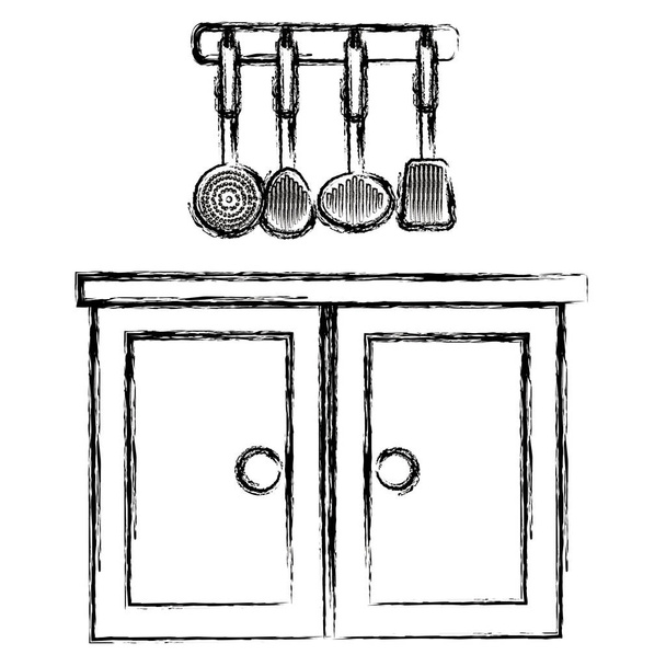 Küchenschublade aus Holz mit hängenden Utensilien - Vektor, Bild