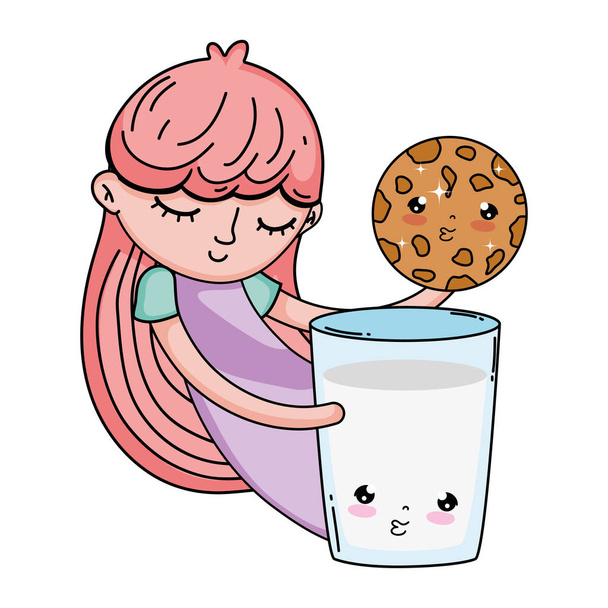 mała dziewczynka z mlekiem i ciasteczko Kawaii charakter - Wektor, obraz