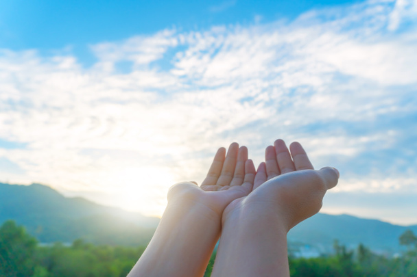 Žena ruce místo dohromady jako modlí před přírodní zelené pozadí. - Fotografie, Obrázek