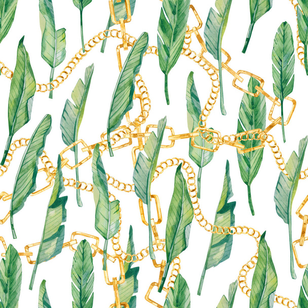 watercolor seamless pattern  golden chain and tropical leaves, colorful exotic summer print  for the textile fabric and wallpapers - 写真・画像