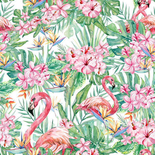 watercolor seamless patetrn tropical floral and flamingo, colorful exotic summer print with floral elements leaves, branches for the textile fabric and wallpapers  - Valokuva, kuva