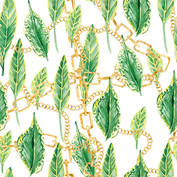 watercolor seamless pattern golden chain and tropical leaves, summer print  for the textile fabric and wallpapers  - Foto, afbeelding
