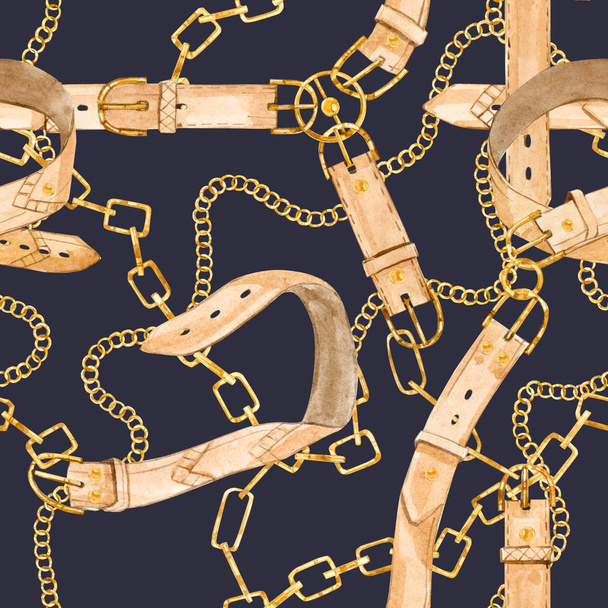 watercolor seamless pattern golden chain and belt, fashion summer print on color background - 写真・画像