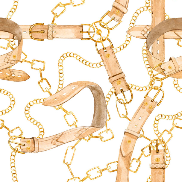 watercolor seamless pattern golden chain and belt, fashion summer print  - Photo, Image
