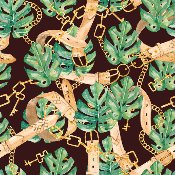 watercolor seamless pattern golden chain and tropical leaves - Monstera, summer print  for the textile fabric and wallpapers on color background - Foto, Bild