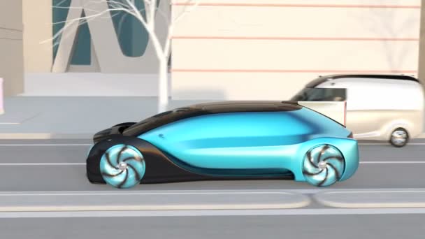 Zelfrijdende Sedan rijden snel en passeerden autonome bus. Ride sharing concept. 3D-rendering animatie. - Video