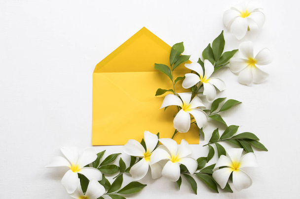 witte bloemen Frangipani lokale flora van Azië in gele envelop regeling platte lay briefkaart stijl op achtergrond wit  - Foto, afbeelding