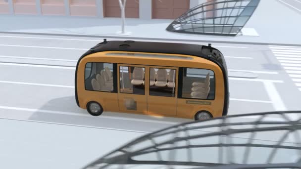 Der selbstfahrende Shuttlebus fährt durch eine Kreuzung in der Nähe der Bushaltestelle. Menschen, die an einer Bushaltestelle warten. 3D-Rendering-Animation.  - Filmmaterial, Video