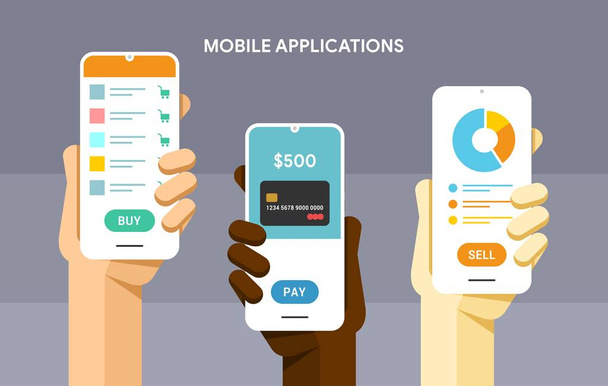 Mockup smartphone in mano umana. Shopping, mobile wallet pagamento e finanza applicazione. Illustrazione della tecnologia colorata piatta vettoriale
 - Vettoriali, immagini
