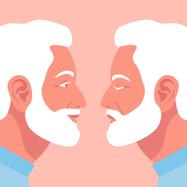 Bipolare Störung. Porträt eines älteren Mannes in Depressionen und guter Laune. zwei männliche Gesichter von der Seite. Vektor-Illustration im flachen Stil - Vektor, Bild