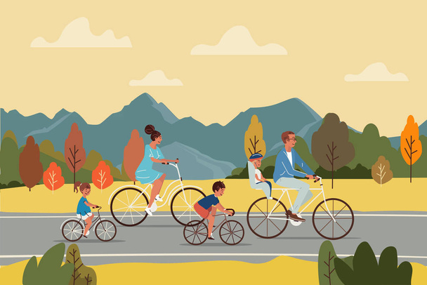 Щасливі батьки та діти катаються на велосипедах на асфальтній дорозі під час поїздки в осінню сільську місцевість Векторні ілюстрації
. - Вектор, зображення